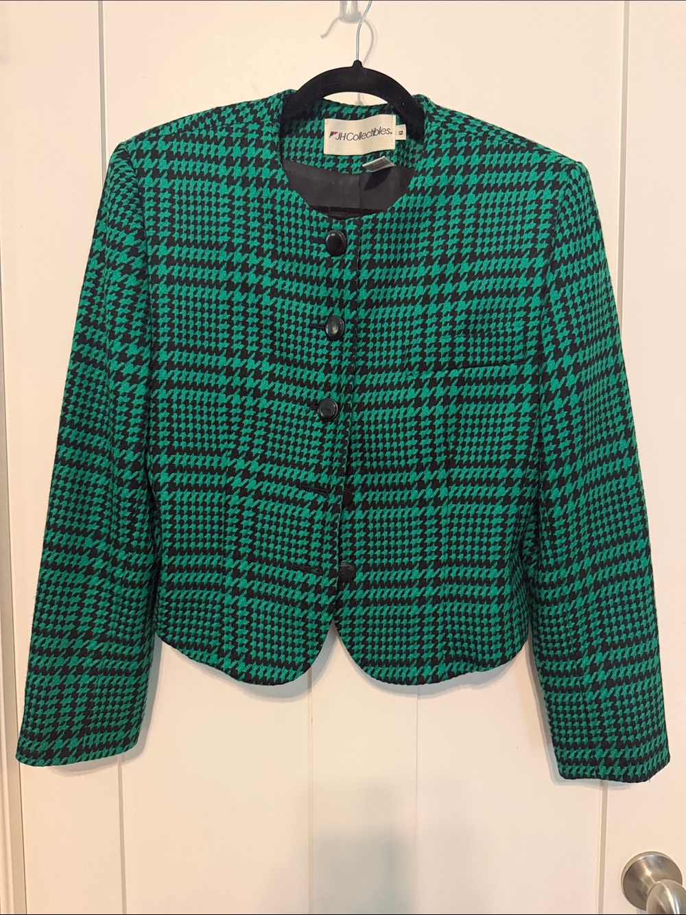 JH Collectibles Green and Black Houndstooth 100% Wool Collarless Academia Blazer
